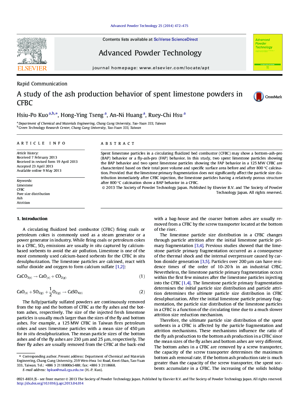عکس صفحه اول مقاله: A study of the ash production behavior of spent limestone powders in CFBC A study of the ash production behavior of spent limestone powders in CFBC