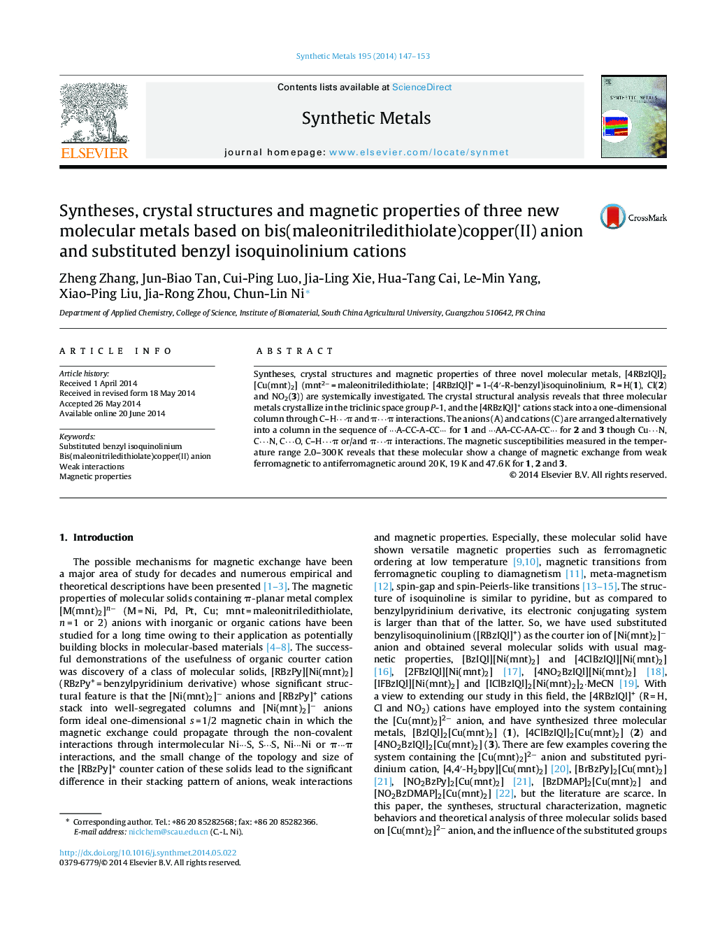 Syntheses, crystal structures and magnetic properties of three new molecular metals based on bis(maleonitriledithiolate)copper(II) anion and substituted benzyl isoquinolinium cations