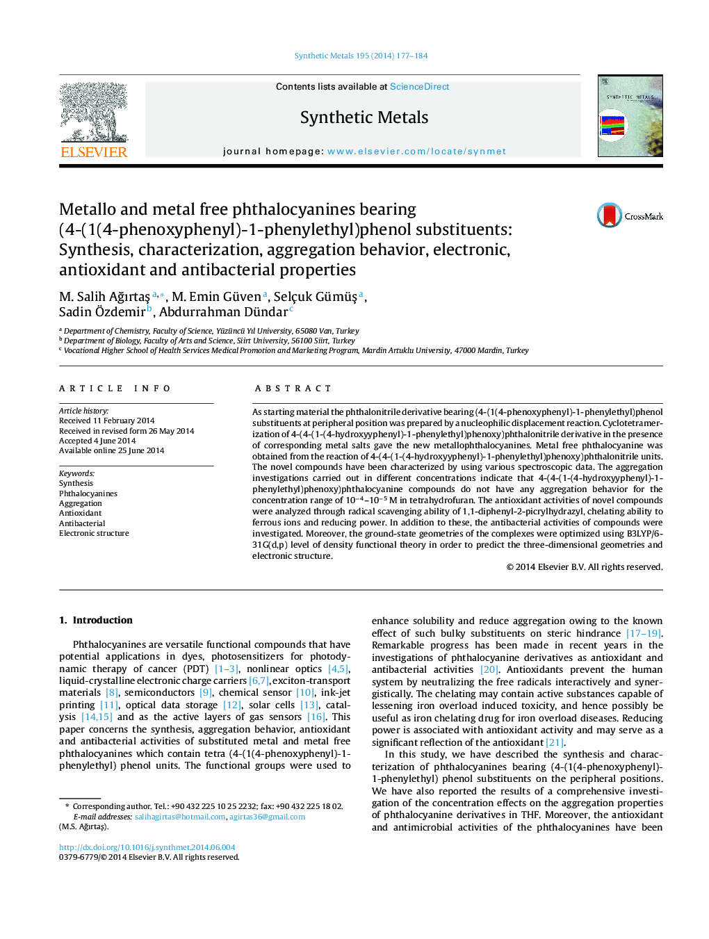 Metallo and metal free phthalocyanines bearing (4-(1(4-phenoxyphenyl)-1-phenylethyl)phenol substituents: Synthesis, characterization, aggregation behavior, electronic, antioxidant and antibacterial properties