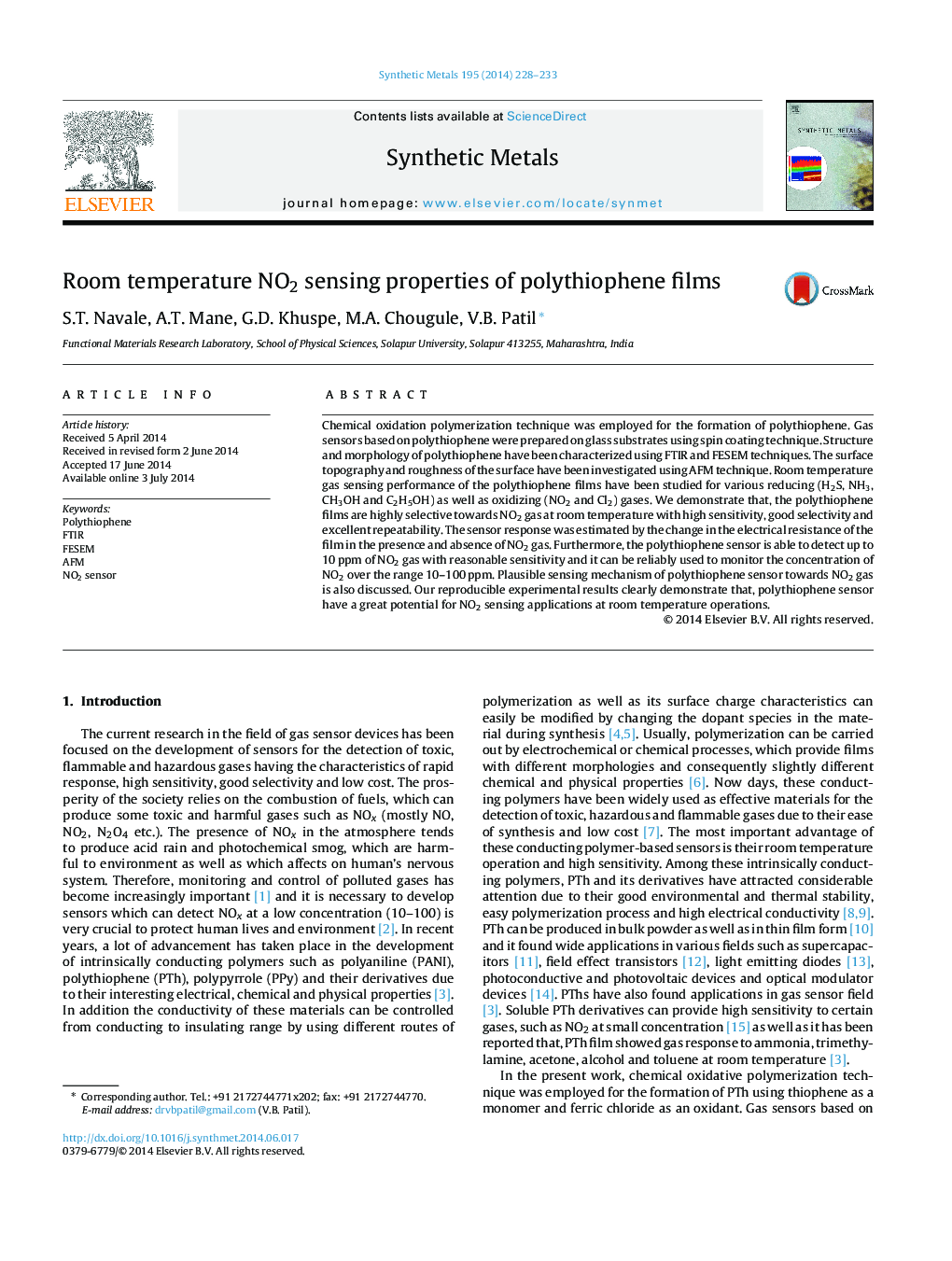 Room temperature NO2 sensing properties of polythiophene films