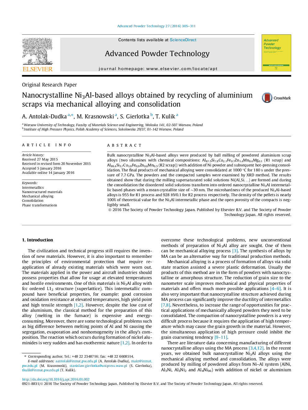 Nanocrystalline Ni3Al-based alloys obtained by recycling of aluminium scraps via mechanical alloying and consolidation