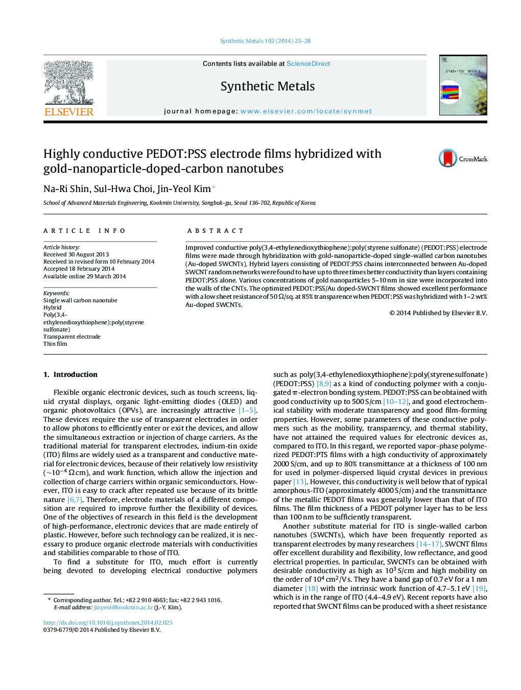 Highly conductive PEDOT:PSS electrode films hybridized with gold-nanoparticle-doped-carbon nanotubes