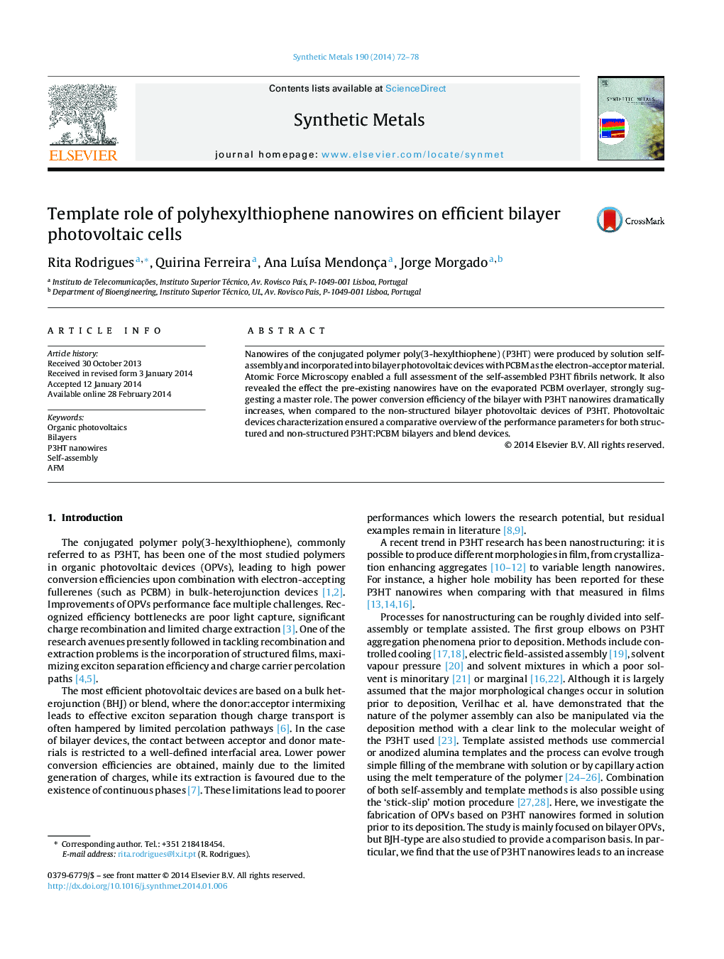 Template role of polyhexylthiophene nanowires on efficient bilayer photovoltaic cells