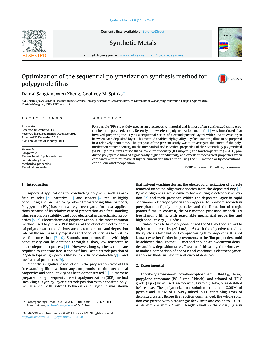 Optimization of the sequential polymerization synthesis method for polypyrrole films