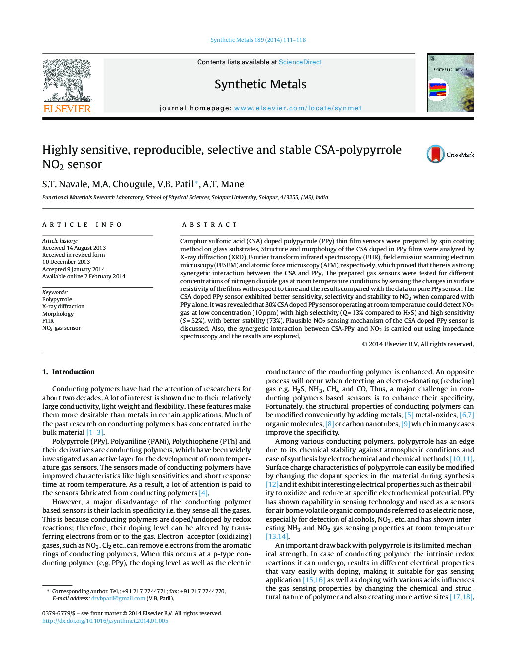 Highly sensitive, reproducible, selective and stable CSA-polypyrrole NO2 sensor