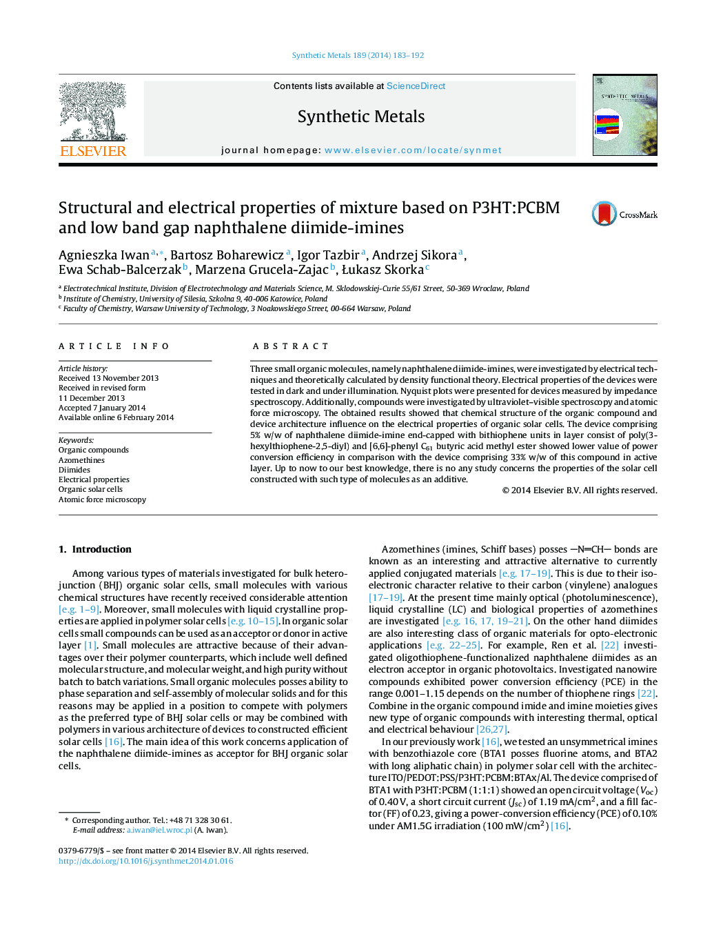 Structural and electrical properties of mixture based on P3HT:PCBM and low band gap naphthalene diimide-imines