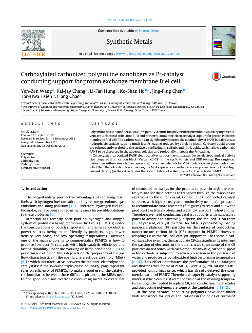 Carboxylated carbonized polyaniline nanofibers as Pt-catalyst conducting support for proton exchange membrane fuel cell