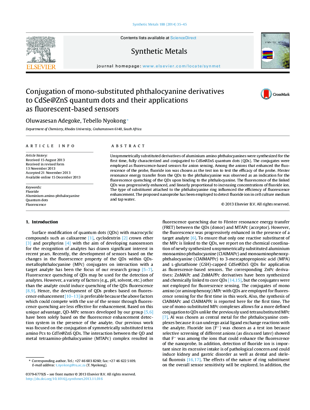 عکس صفحه اول مقاله: Conjugation of mono-substituted phthalocyanine derivatives to CdSe@ZnS quantum dots and their applications as fluorescent-based sensors Conjugation of mono-substituted phthalocyanine derivatives to CdSe@ZnS quantum dots and their applications as fluorescent-based sensors