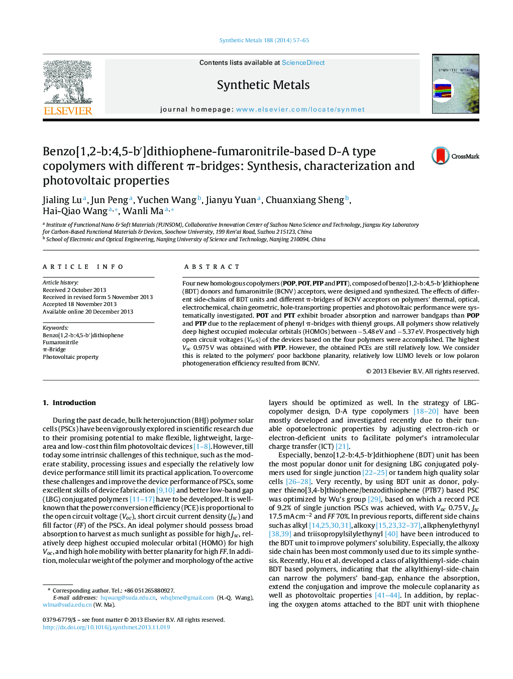 Benzo[1,2-b:4,5-b′]dithiophene-fumaronitrile-based D-A type copolymers with different π-bridges: Synthesis, characterization and photovoltaic properties