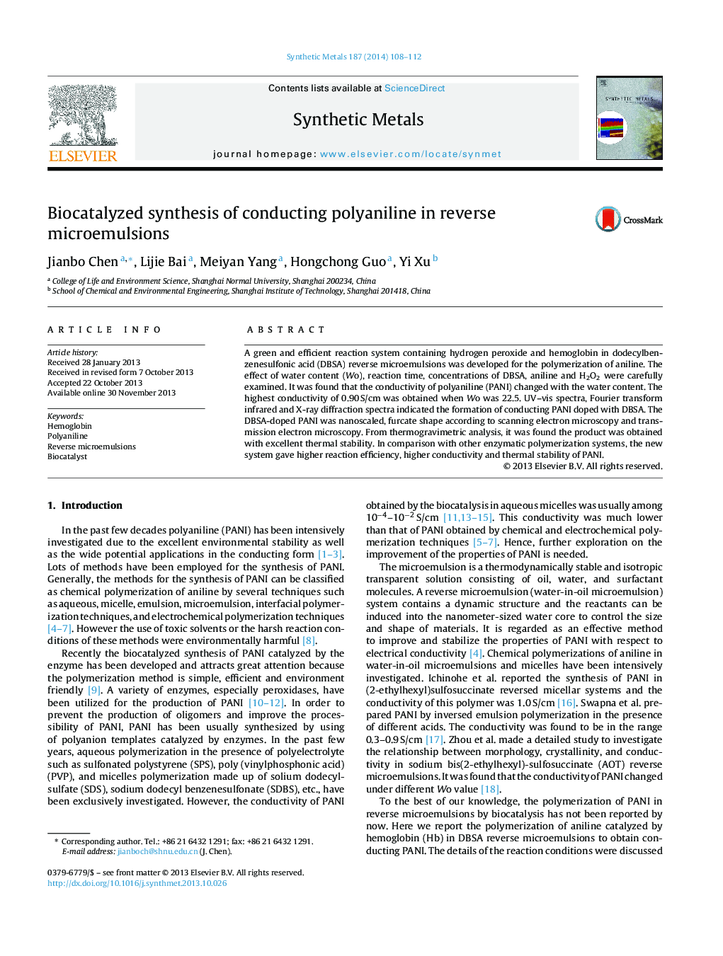 Biocatalyzed synthesis of conducting polyaniline in reverse microemulsions