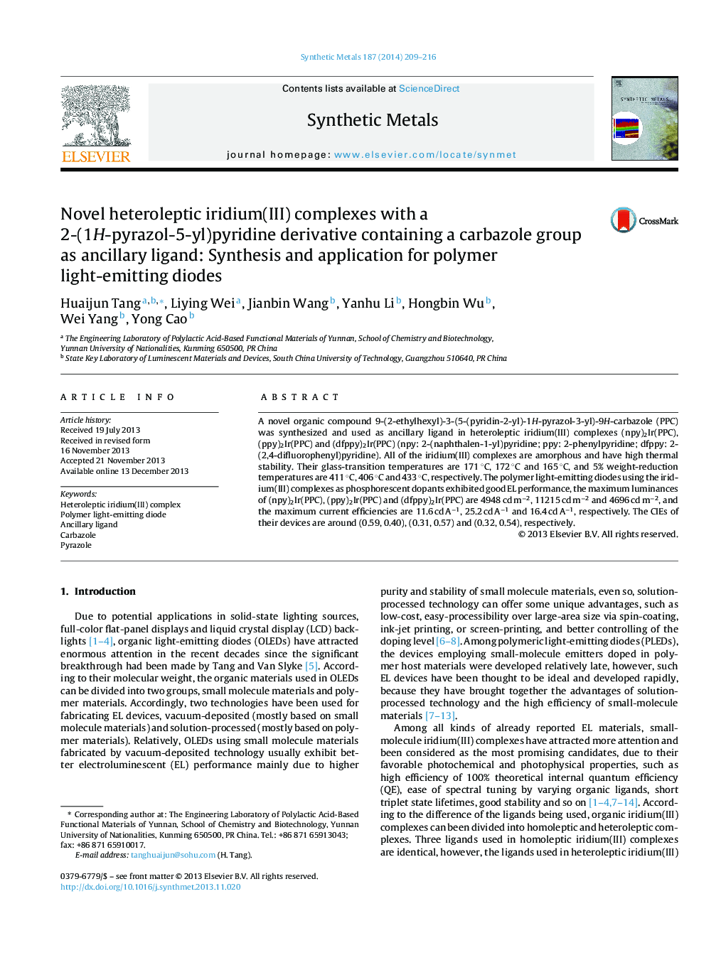 Novel heteroleptic iridium(III) complexes with a 2-(1H-pyrazol-5-yl)pyridine derivative containing a carbazole group as ancillary ligand: Synthesis and application for polymer light-emitting diodes