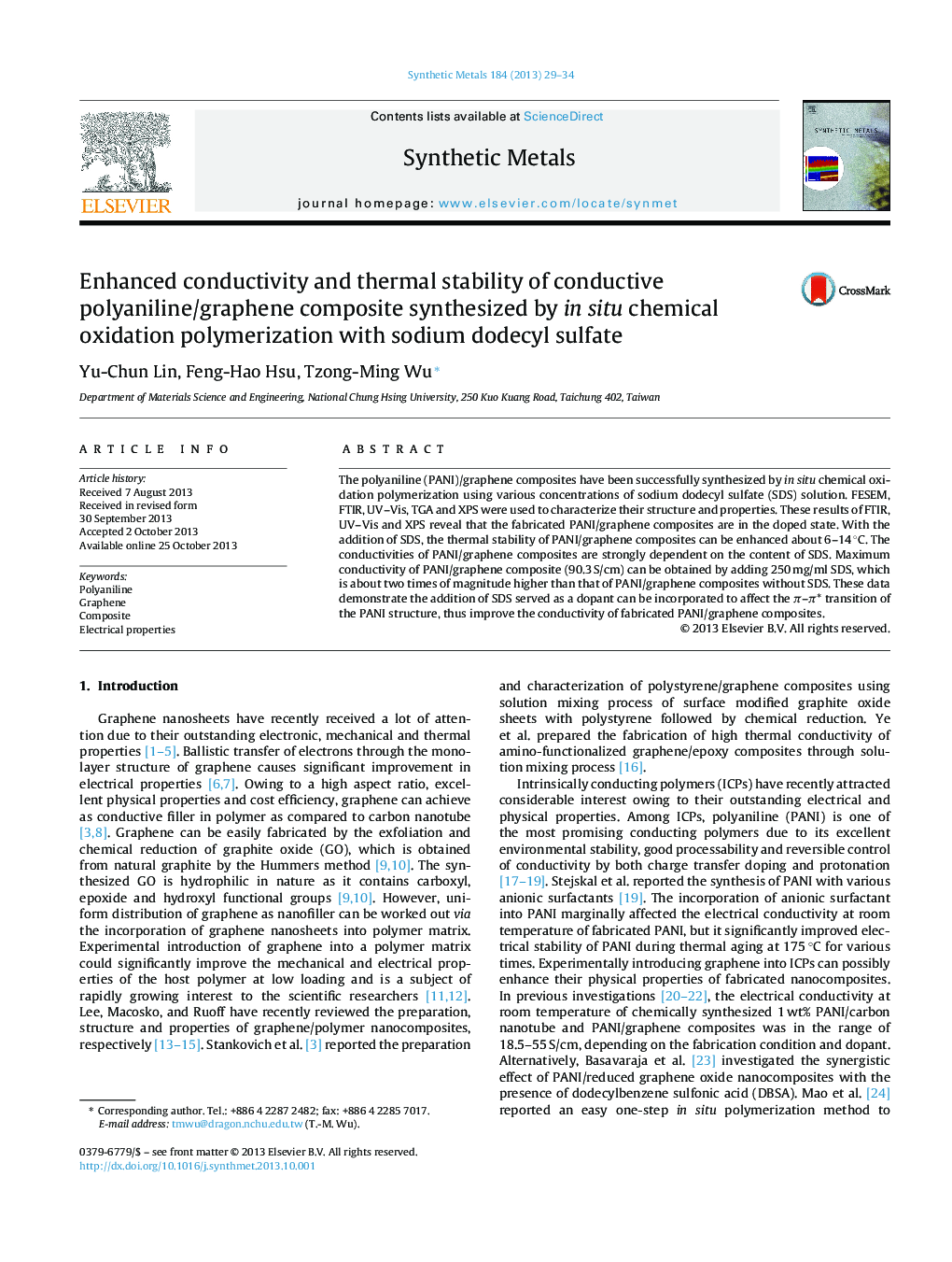 Enhanced conductivity and thermal stability of conductive polyaniline/graphene composite synthesized by in situ chemical oxidation polymerization with sodium dodecyl sulfate