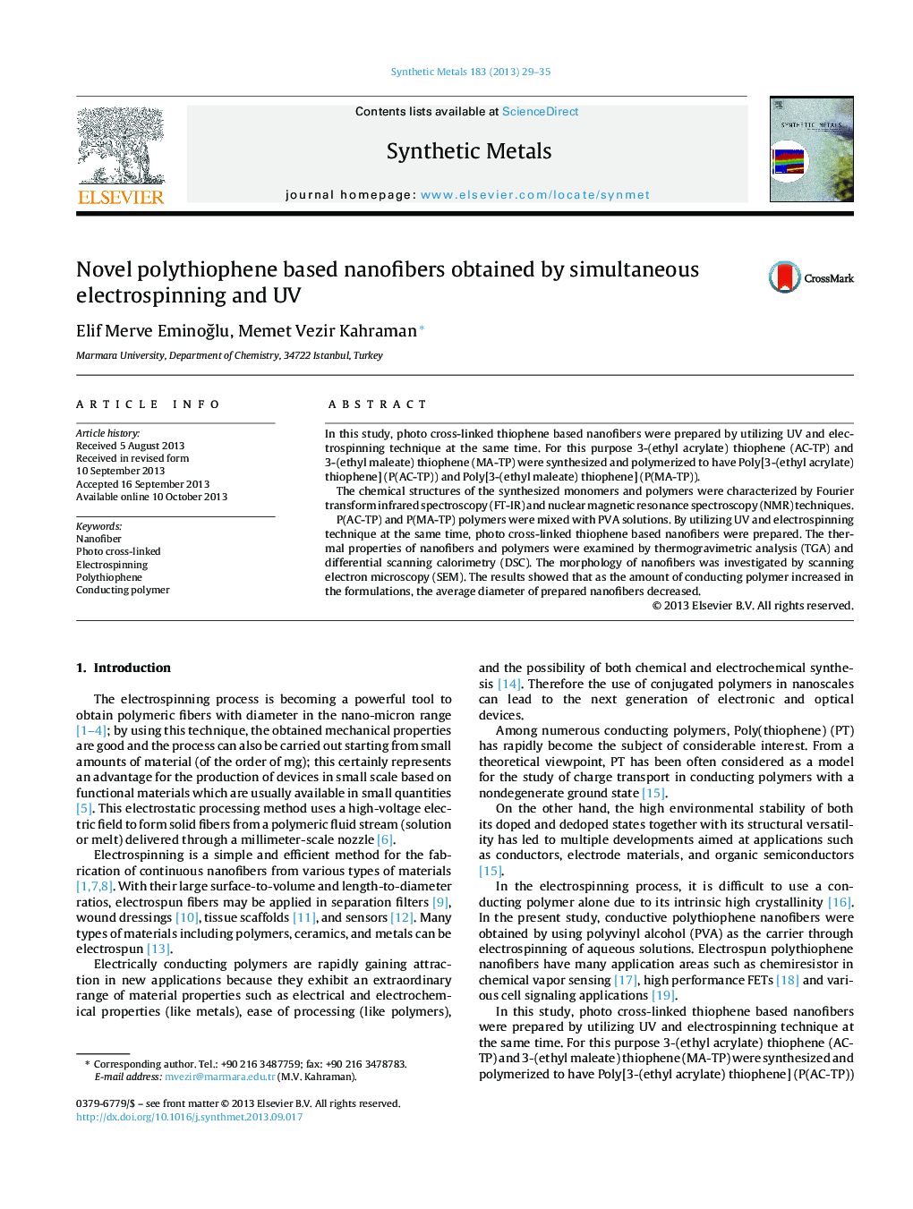 Novel polythiophene based nanofibers obtained by simultaneous electrospinning and UV