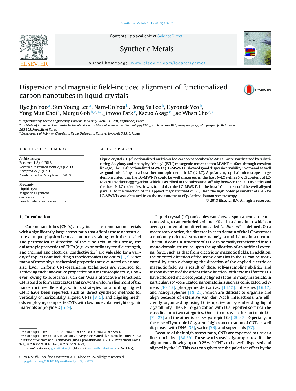 Dispersion and magnetic field-induced alignment of functionalized carbon nanotubes in liquid crystals