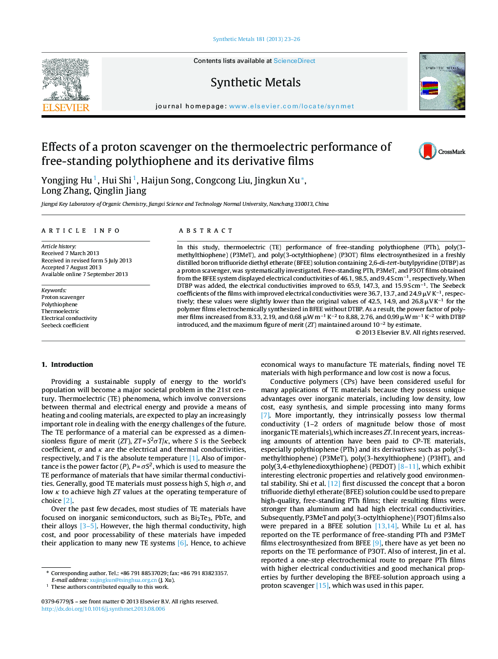 Effects of a proton scavenger on the thermoelectric performance of free-standing polythiophene and its derivative films