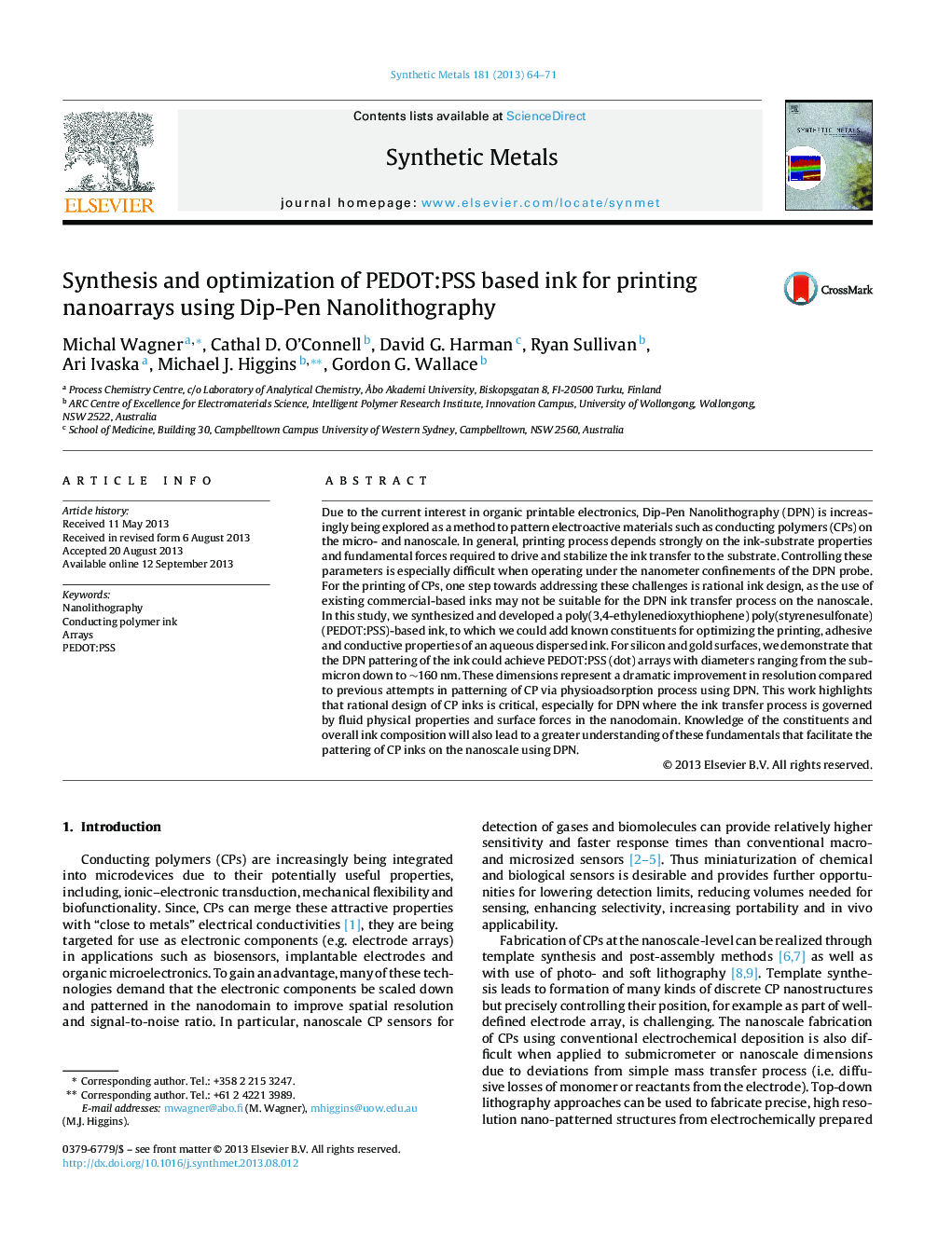 Synthesis and optimization of PEDOT:PSS based ink for printing nanoarrays using Dip-Pen Nanolithography