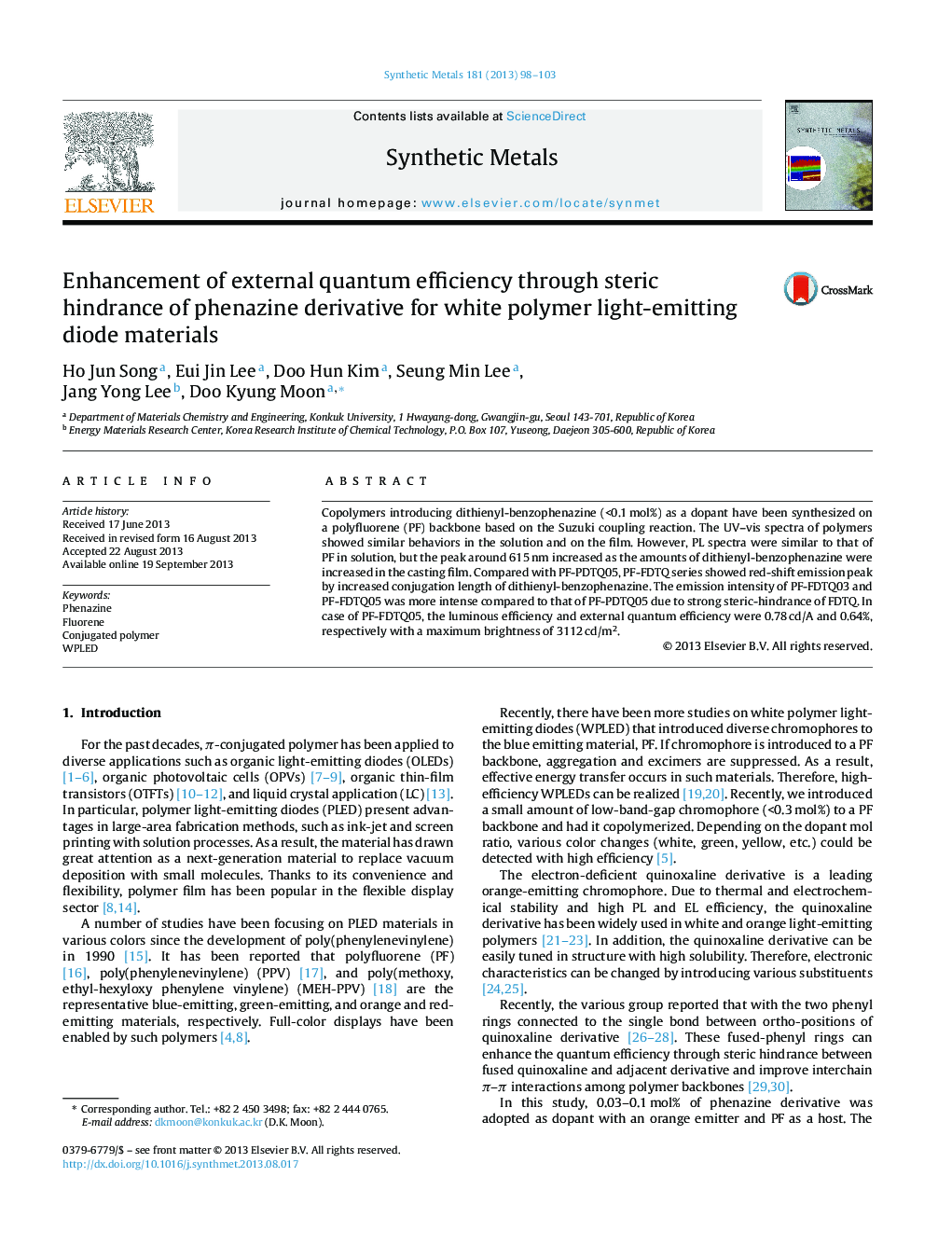 Enhancement of external quantum efficiency through steric hindrance of phenazine derivative for white polymer light-emitting diode materials