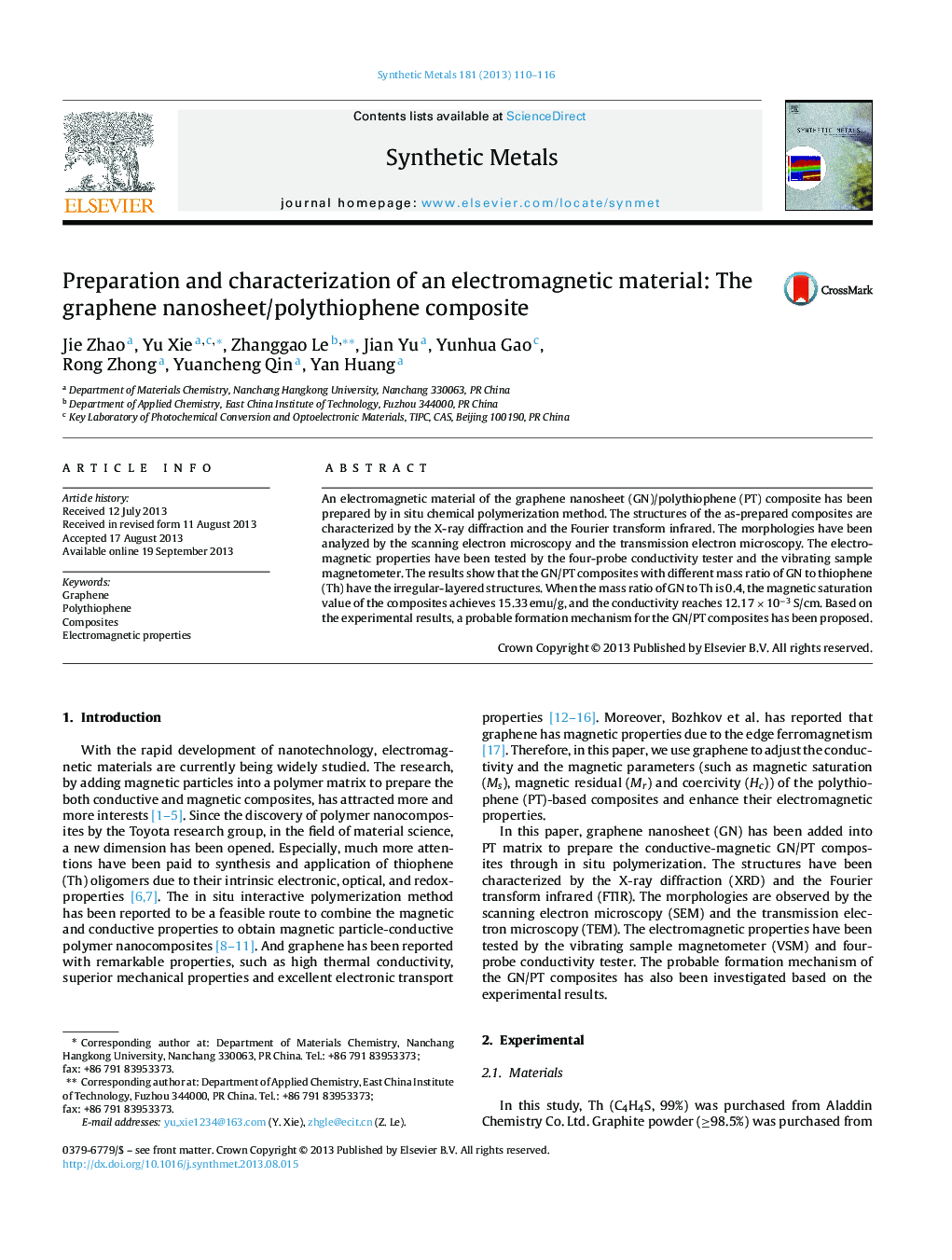 Preparation and characterization of an electromagnetic material: The graphene nanosheet/polythiophene composite