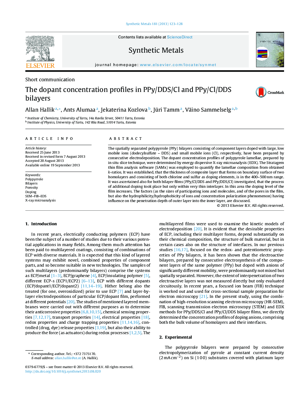 The dopant concentration profiles in PPy/DDS/Cl and PPy/Cl/DDS bilayers