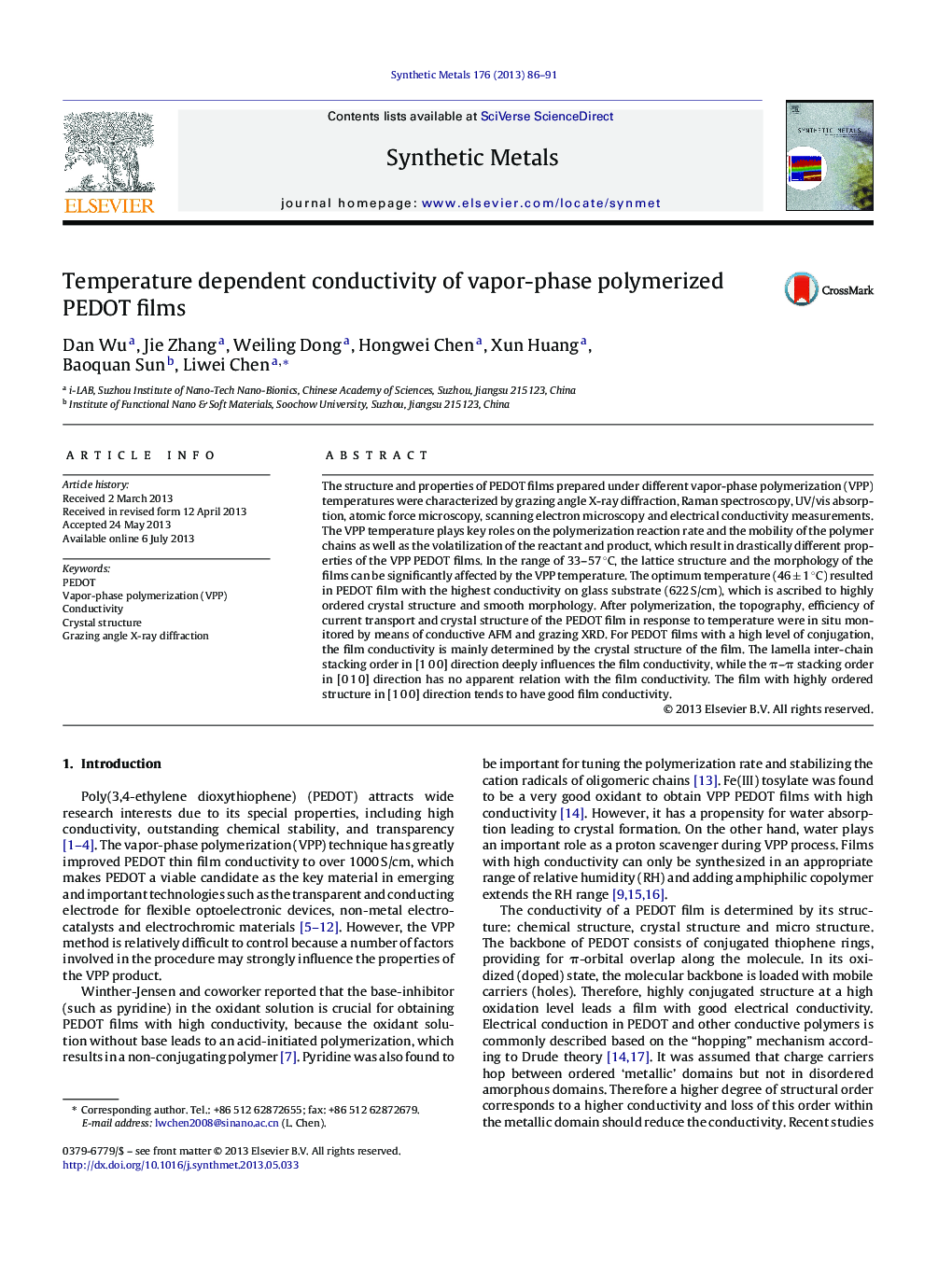 Temperature dependent conductivity of vapor-phase polymerized PEDOT films