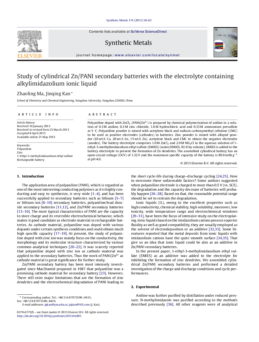 Study of cylindrical Zn/PANI secondary batteries with the electrolyte containing alkylimidazolium ionic liquid