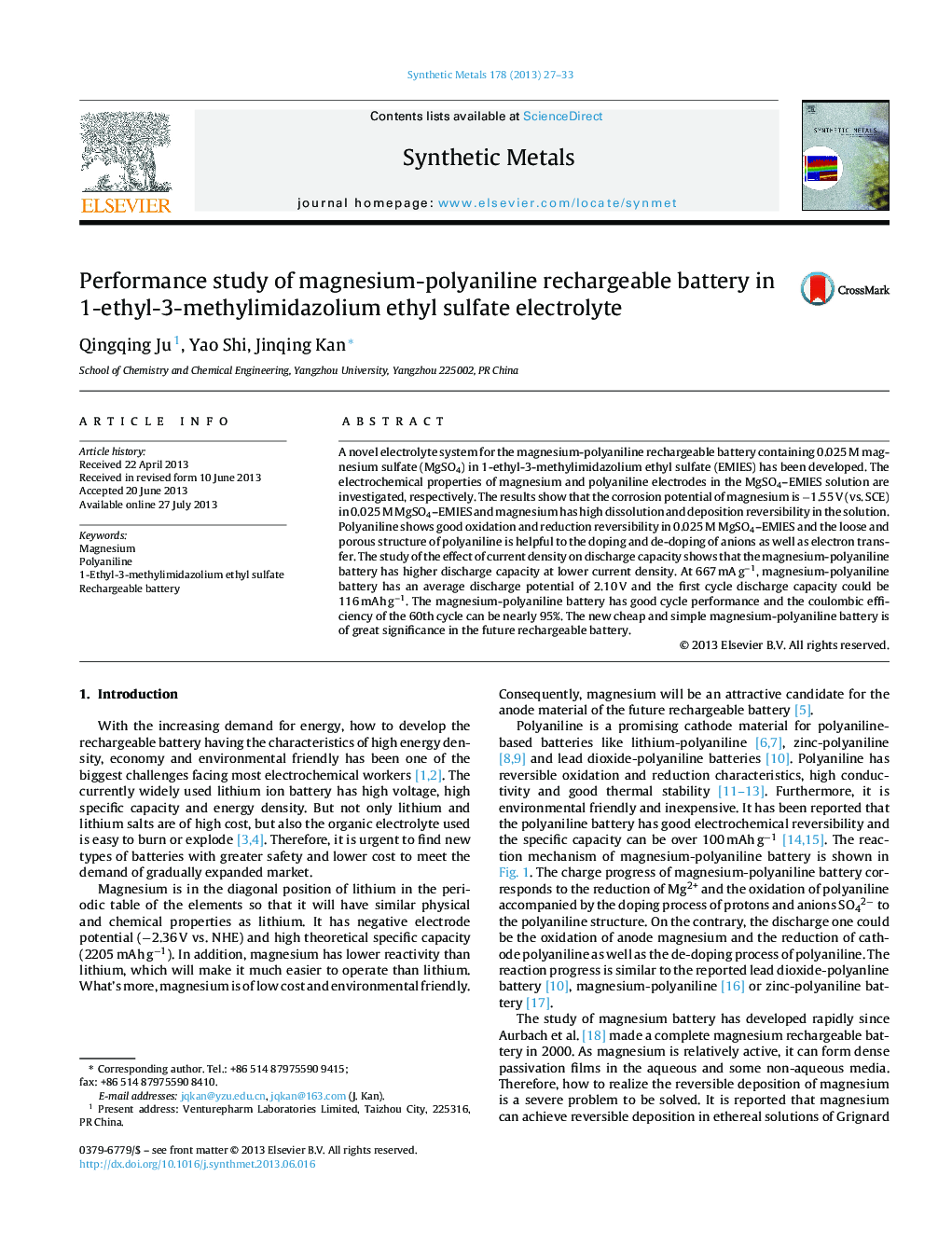 Performance study of magnesium-polyaniline rechargeable battery in 1-ethyl-3-methylimidazolium ethyl sulfate electrolyte