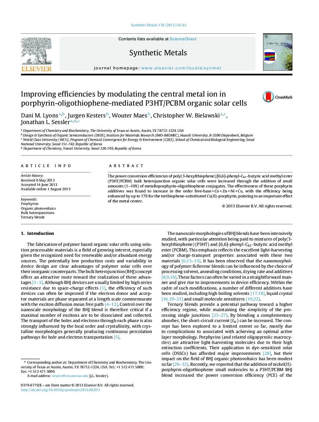 Improving efficiencies by modulating the central metal ion in porphyrin-oligothiophene-mediated P3HT/PCBM organic solar cells