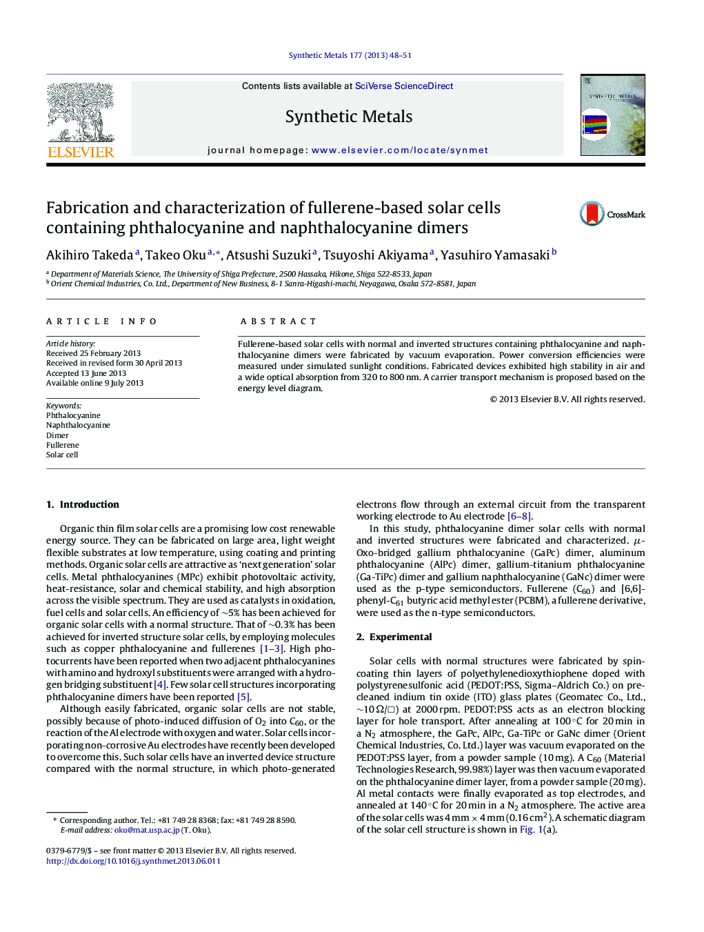 Fabrication and characterization of fullerene-based solar cells containing phthalocyanine and naphthalocyanine dimers