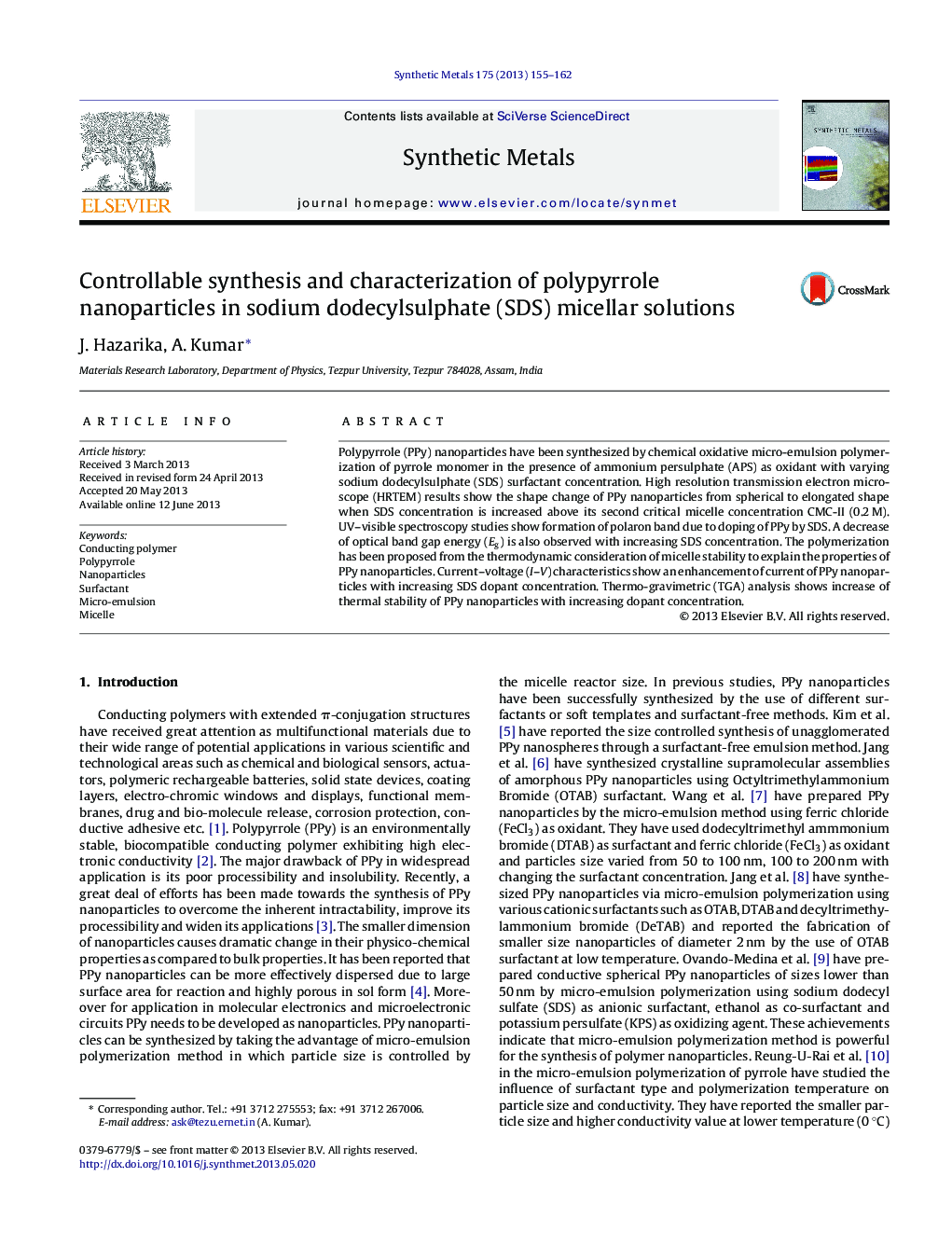 Controllable synthesis and characterization of polypyrrole nanoparticles in sodium dodecylsulphate (SDS) micellar solutions