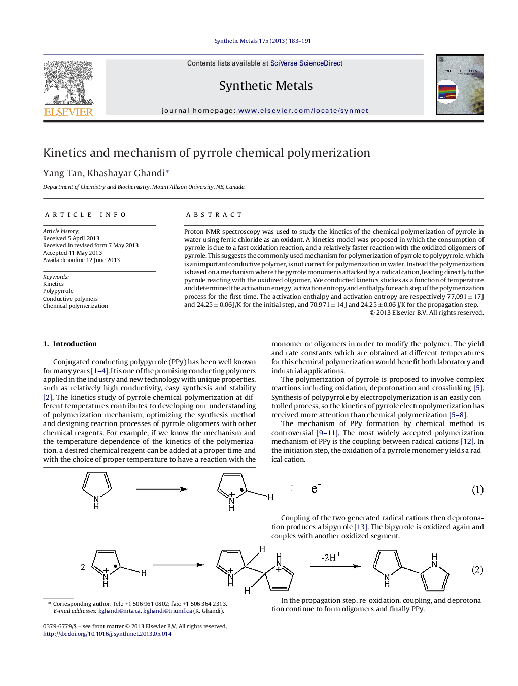 Kinetics and mechanism of pyrrole chemical polymerization