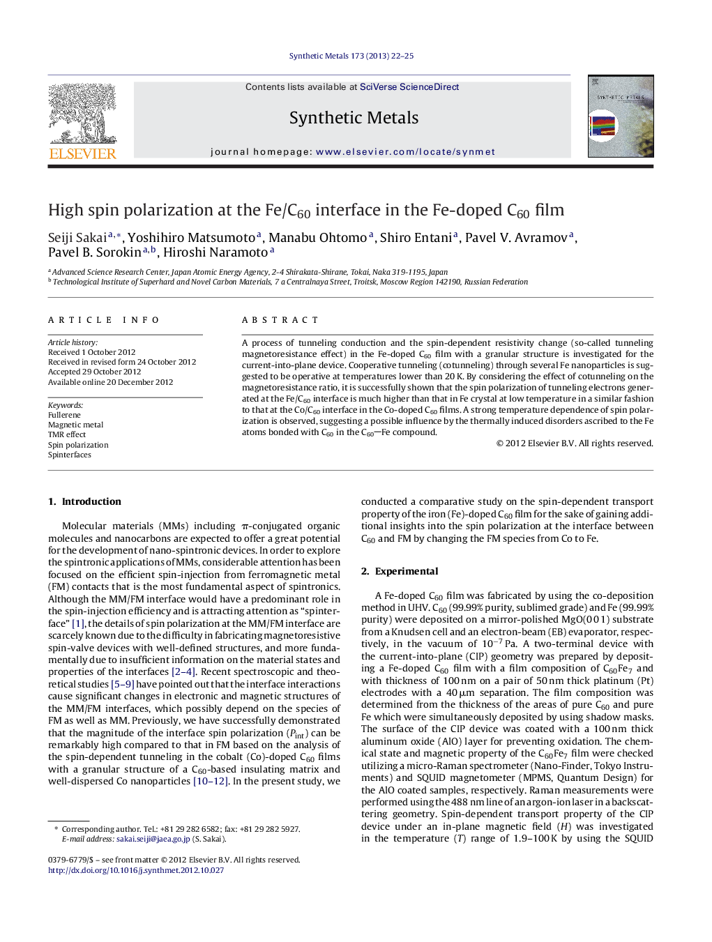 High spin polarization at the Fe/C60 interface in the Fe-doped C60 film