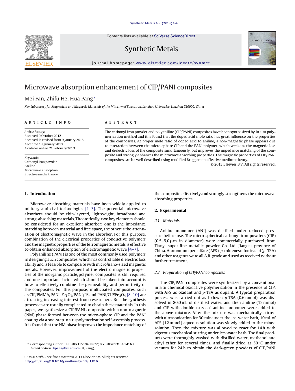 Microwave absorption enhancement of CIP/PANI composites