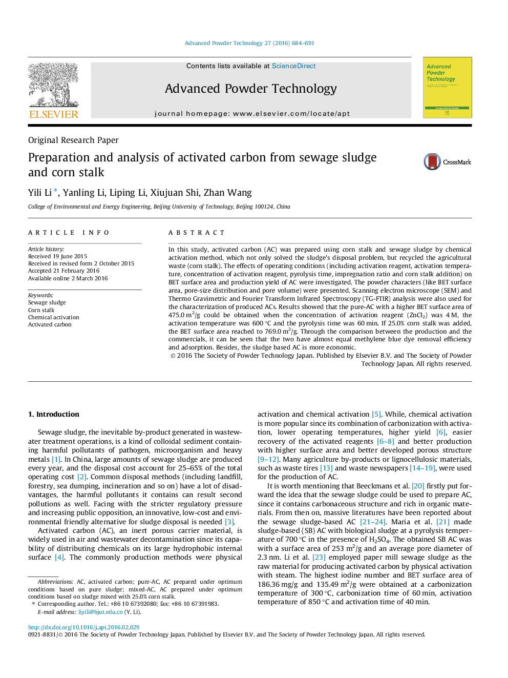 Preparation and analysis of activated carbon from sewage sludge and corn stalk