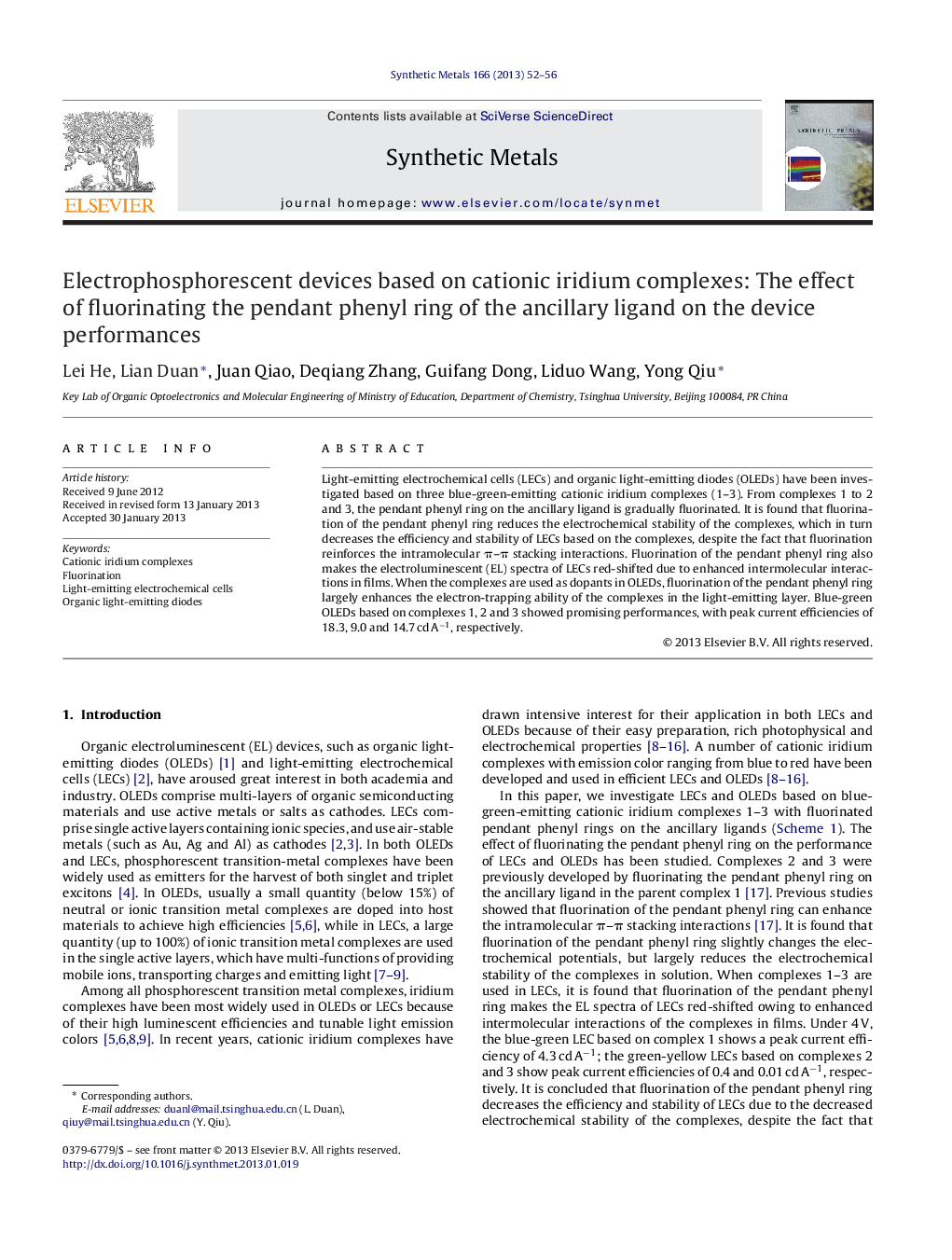 Electrophosphorescent devices based on cationic iridium complexes: The effect of fluorinating the pendant phenyl ring of the ancillary ligand on the device performances