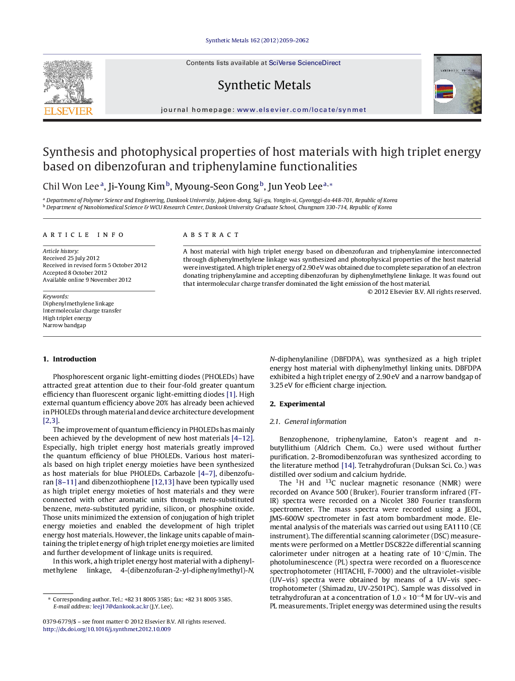 Synthesis and photophysical properties of host materials with high triplet energy based on dibenzofuran and triphenylamine functionalities