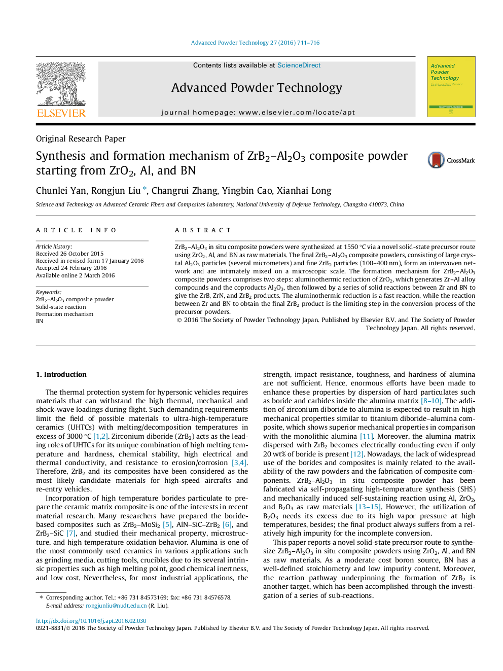 Synthesis and formation mechanism of ZrB2–Al2O3 composite powder starting from ZrO2, Al, and BN