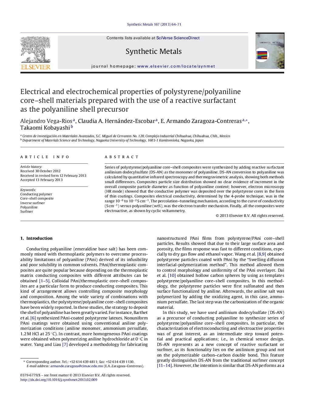 Electrical and electrochemical properties of polystyrene/polyaniline core–shell materials prepared with the use of a reactive surfactant as the polyaniline shell precursor