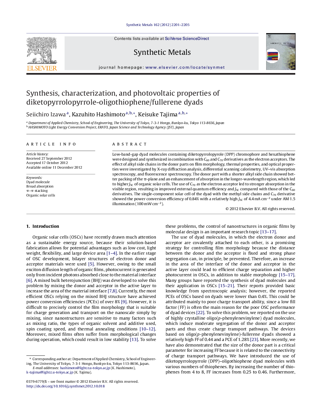 Synthesis, characterization, and photovoltaic properties of diketopyrrolopyrrole-oligothiophene/fullerene dyads