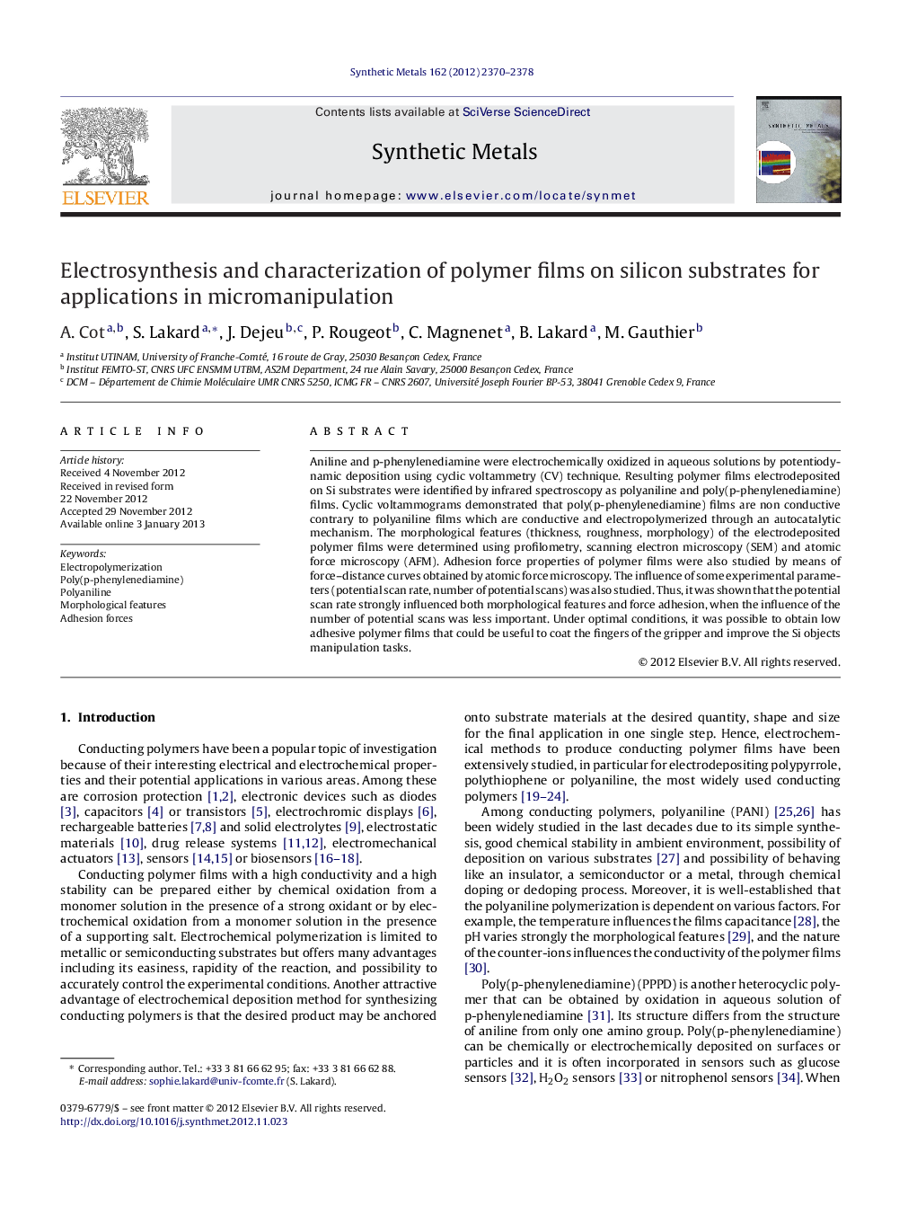 Electrosynthesis and characterization of polymer films on silicon substrates for applications in micromanipulation