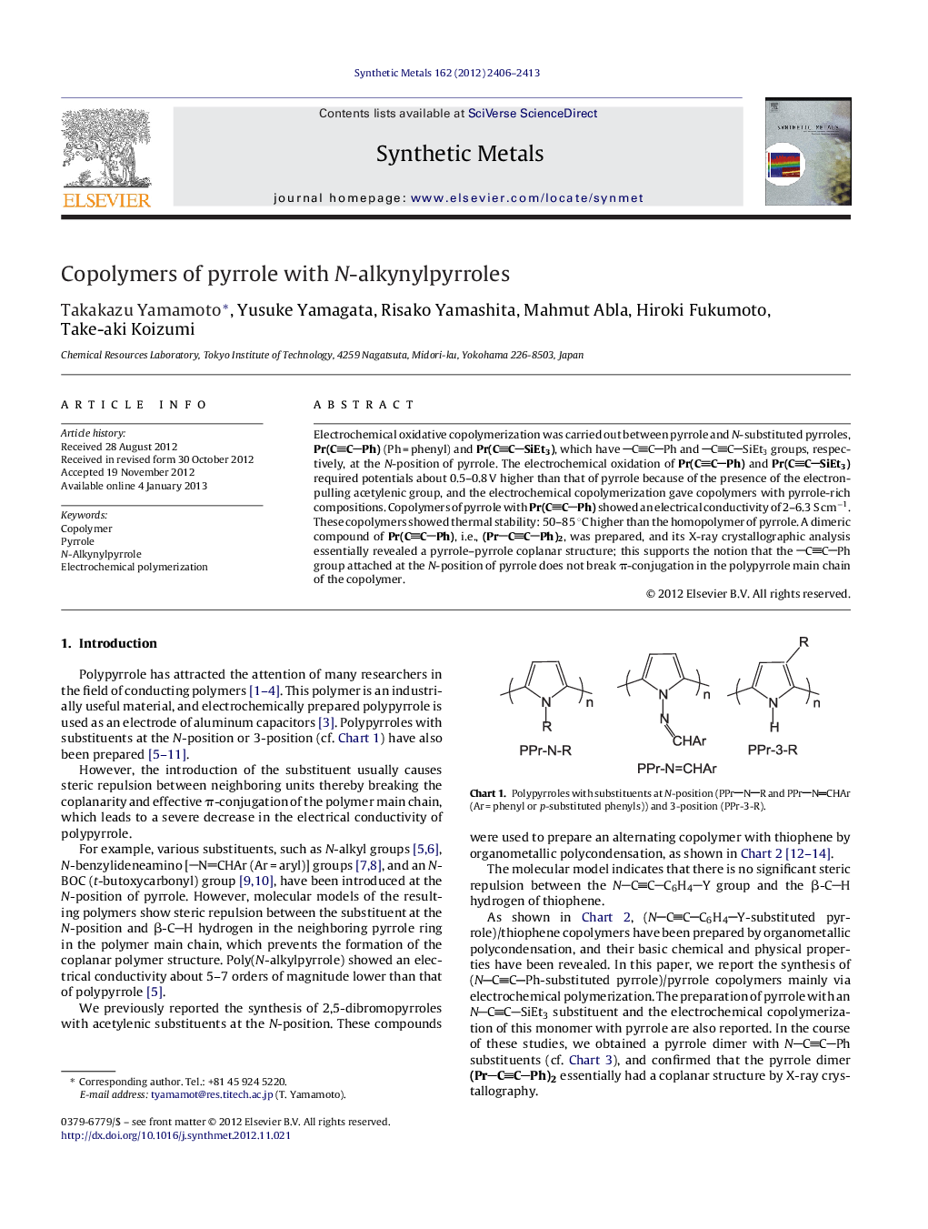 Copolymers of pyrrole with N-alkynylpyrroles