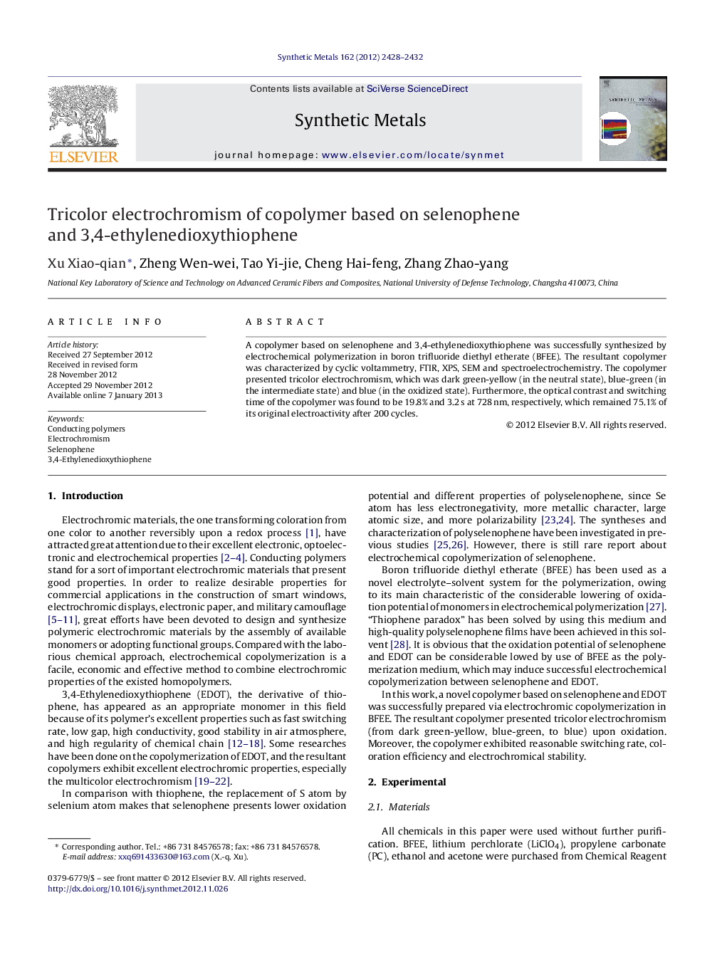 Tricolor electrochromism of copolymer based on selenophene and 3,4-ethylenedioxythiophene