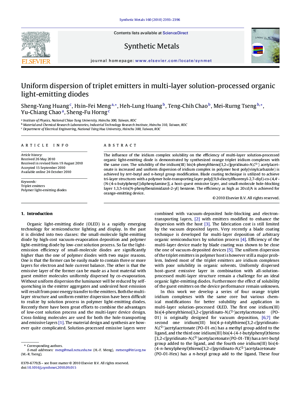 Uniform dispersion of triplet emitters in multi-layer solution-processed organic light-emitting diodes