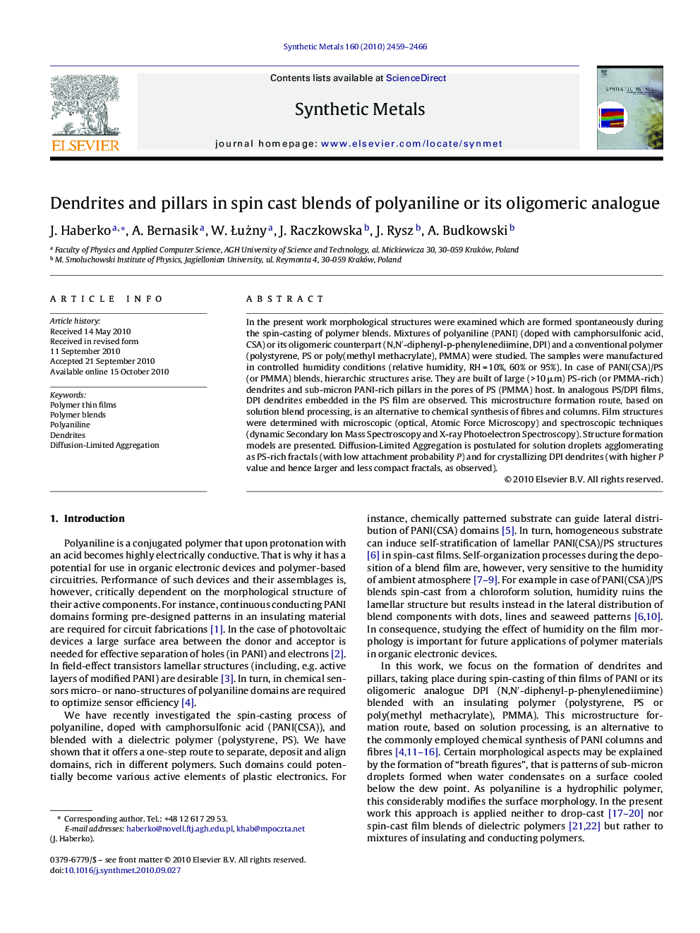 Dendrites and pillars in spin cast blends of polyaniline or its oligomeric analogue