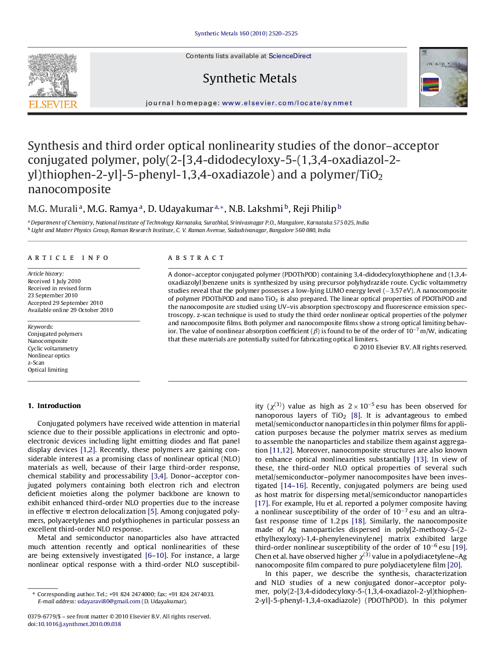 Synthesis and third order optical nonlinearity studies of the donor–acceptor conjugated polymer, poly(2-[3,4-didodecyloxy-5-(1,3,4-oxadiazol-2-yl)thiophen-2-yl]-5-phenyl-1,3,4-oxadiazole) and a polymer/TiO2 nanocomposite