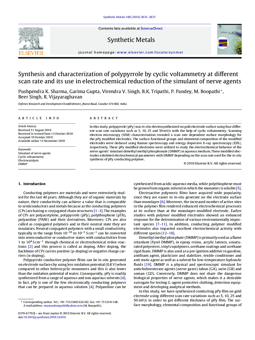 Synthesis and characterization of polypyrrole by cyclic voltammetry at different scan rate and its use in electrochemical reduction of the simulant of nerve agents