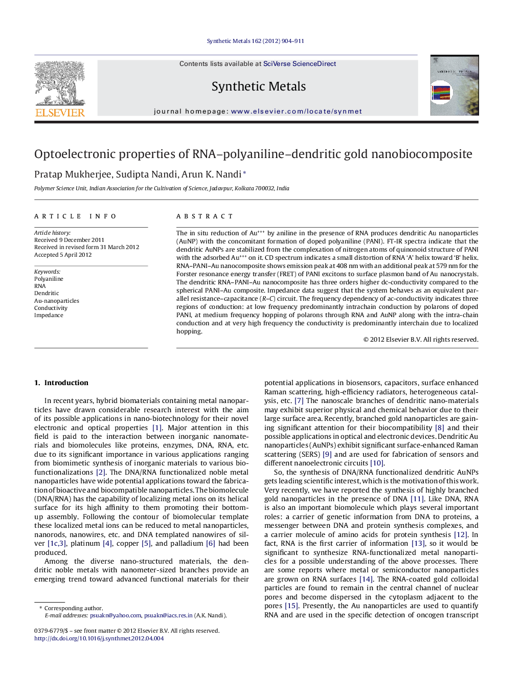 Optoelectronic properties of RNA–polyaniline–dendritic gold nanobiocomposite