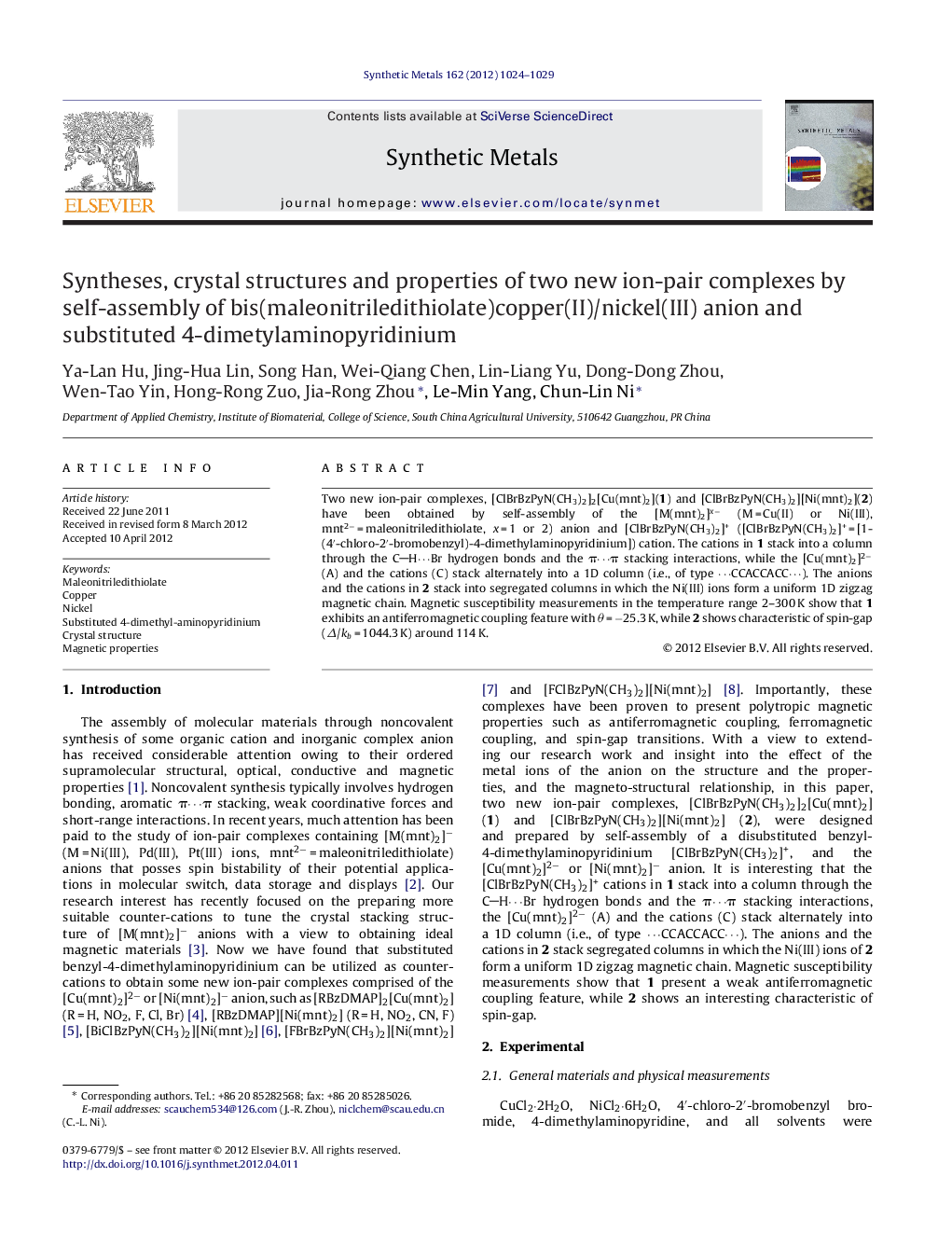 Syntheses, crystal structures and properties of two new ion-pair complexes by self-assembly of bis(maleonitriledithiolate)copper(II)/nickel(III) anion and substituted 4-dimetylaminopyridinium