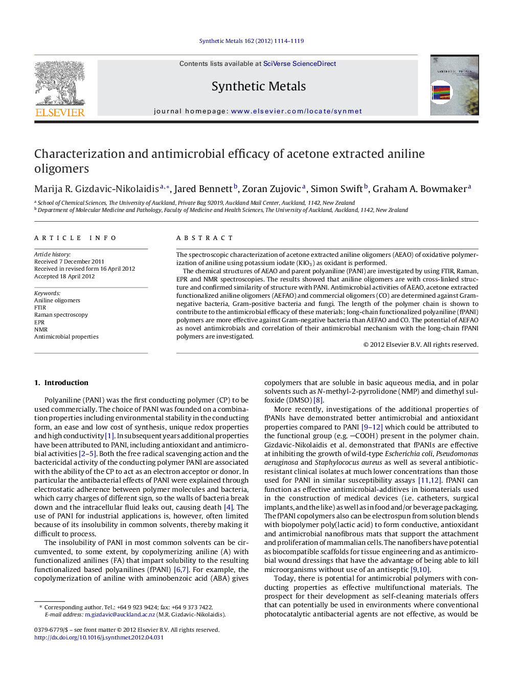 Characterization and antimicrobial efficacy of acetone extracted aniline oligomers