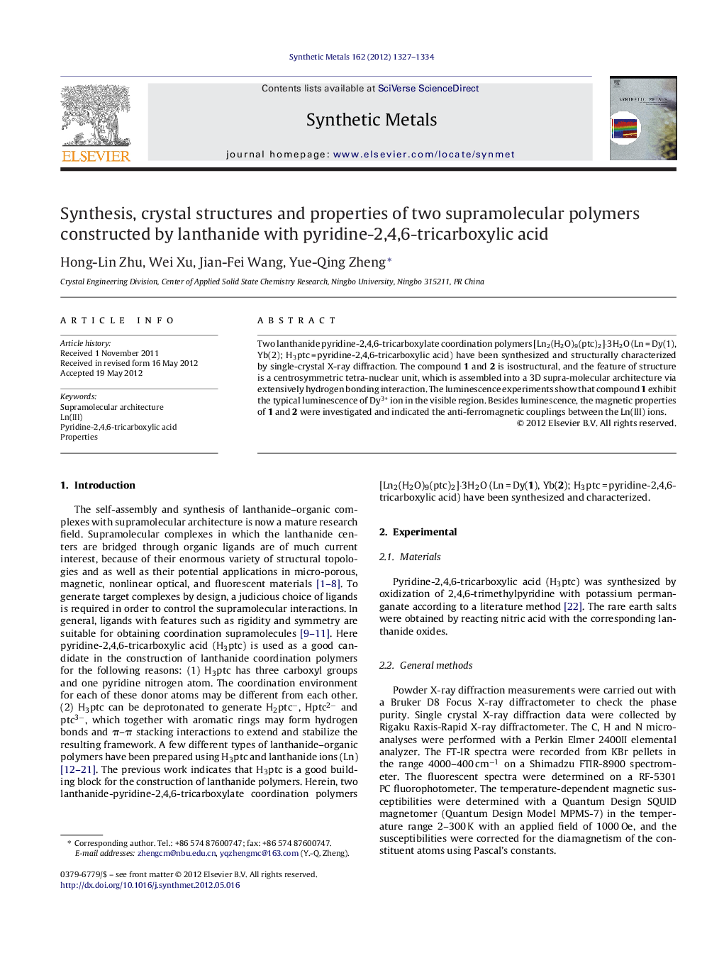 Synthesis, crystal structures and properties of two supramolecular polymers constructed by lanthanide with pyridine-2,4,6-tricarboxylic acid