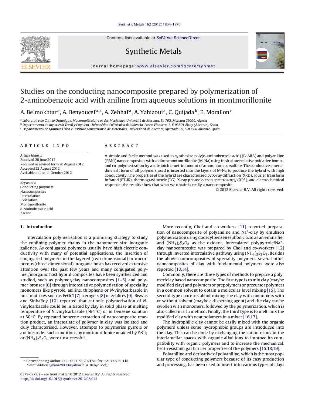 Studies on the conducting nanocomposite prepared by polymerization of 2-aminobenzoic acid with aniline from aqueous solutions in montmorillonite